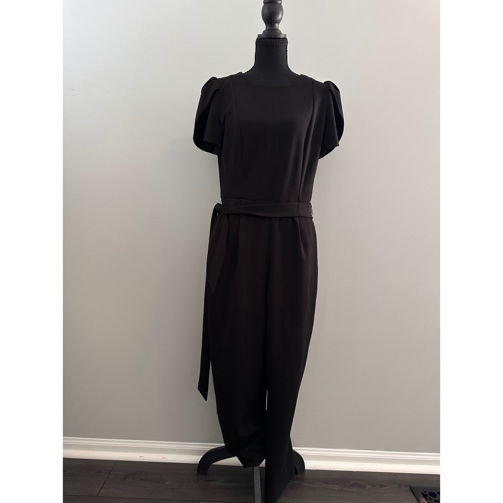 Calvin Klein Black Short Puff Sleeve Belted Jumpsuit Size 10 Gold Zipper Crepe
